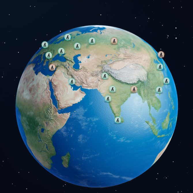Nuclear plants and uranium mines marked across Europe and Asia on a 3D globe